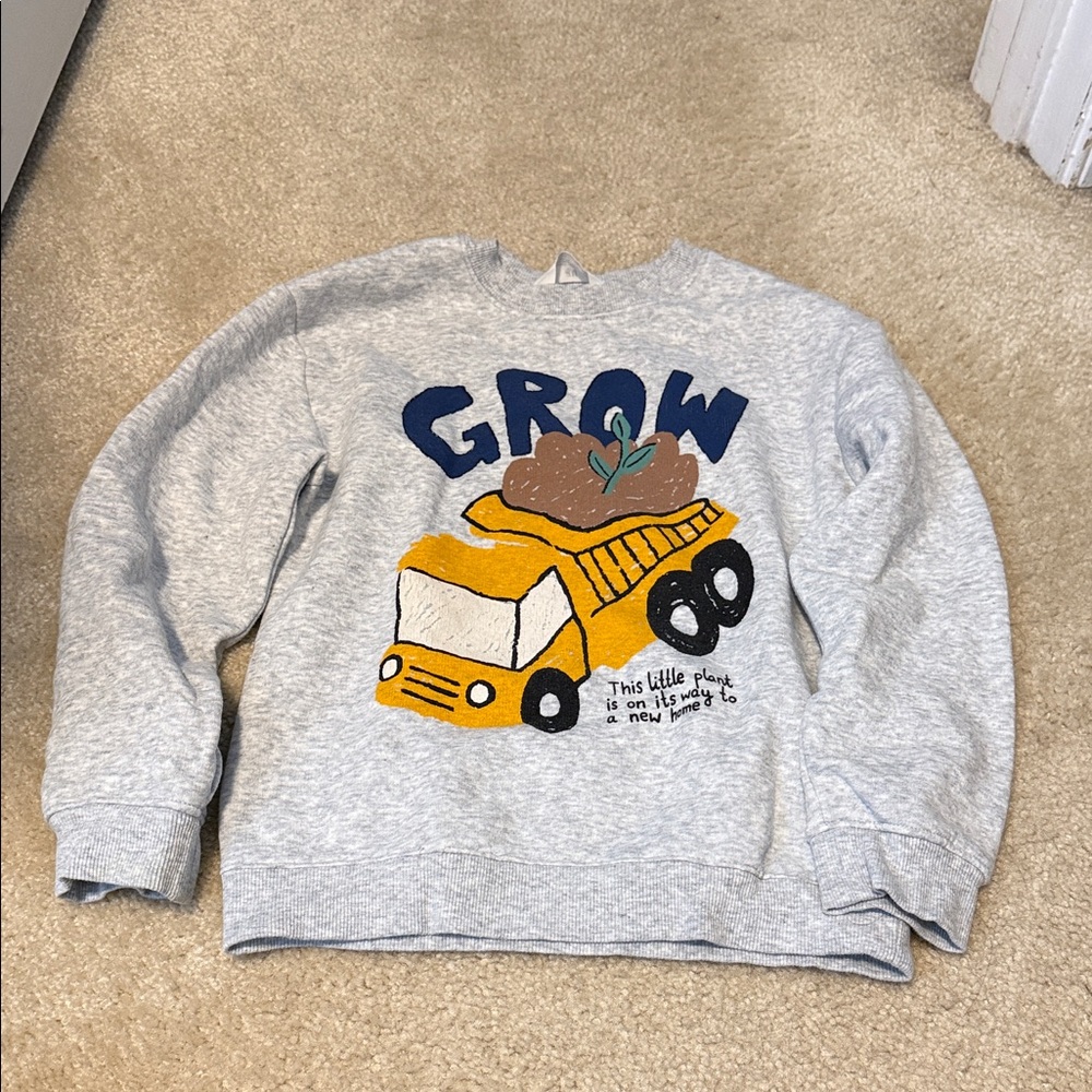 H&M Grey Sweatshirt with Yellow Dump Truck and Navy 'GROW' Graphic